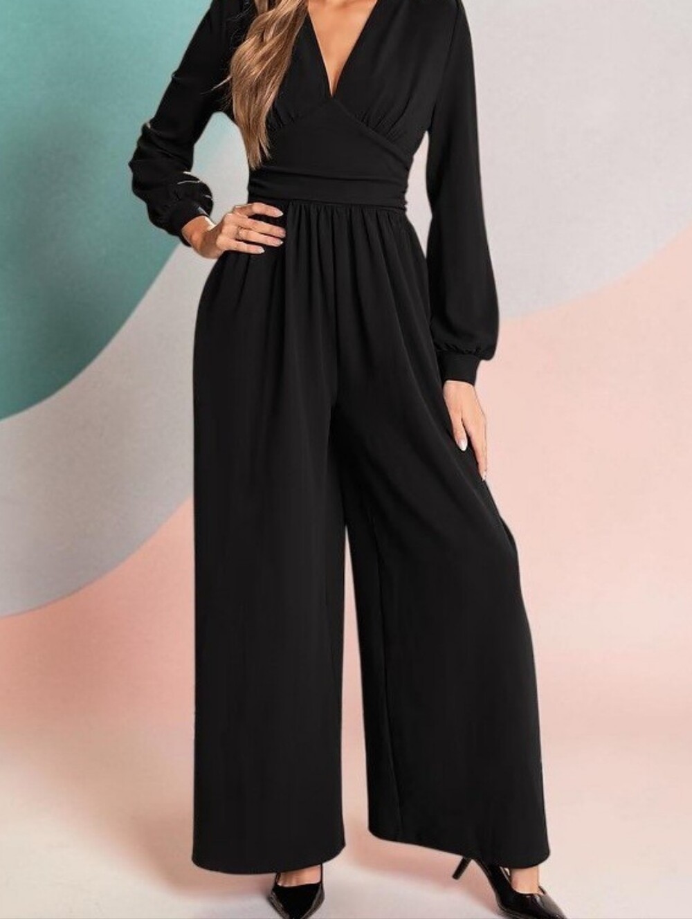 Elegant Black Wide-Leg Jumpsuit - V-Neck Long Sleeve